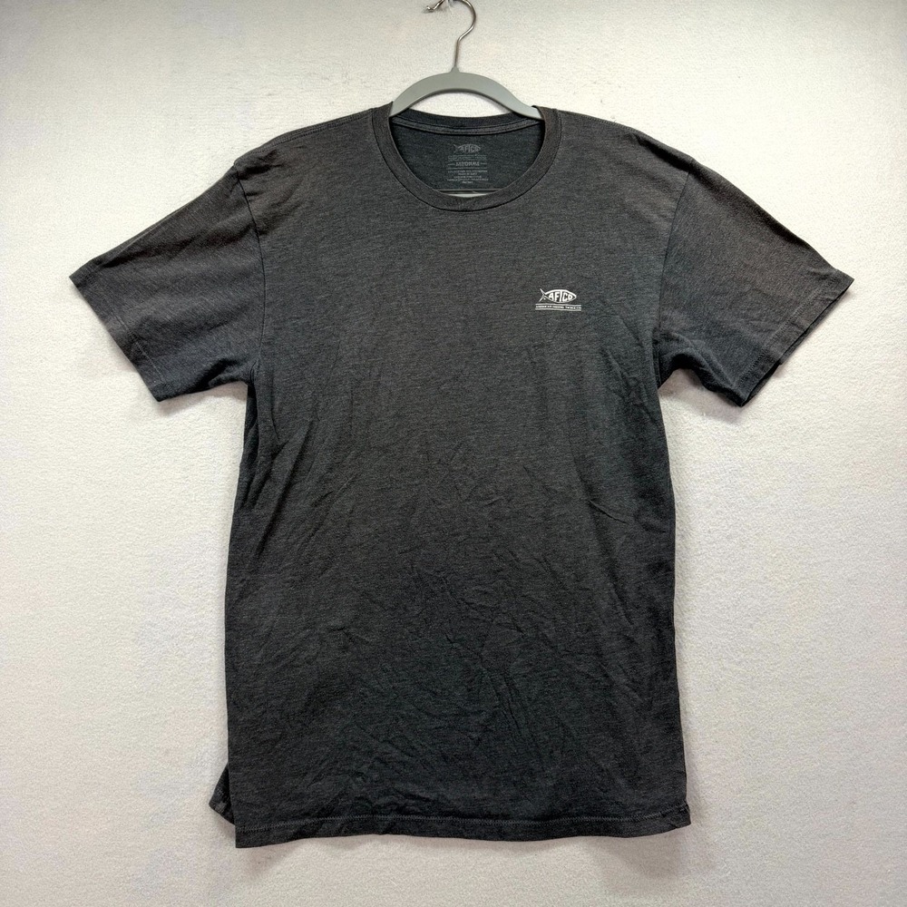 AFTCO Billed T-Shirt Mens Medium Dark Gray Any Fish Any Water Graphic Crew Faded